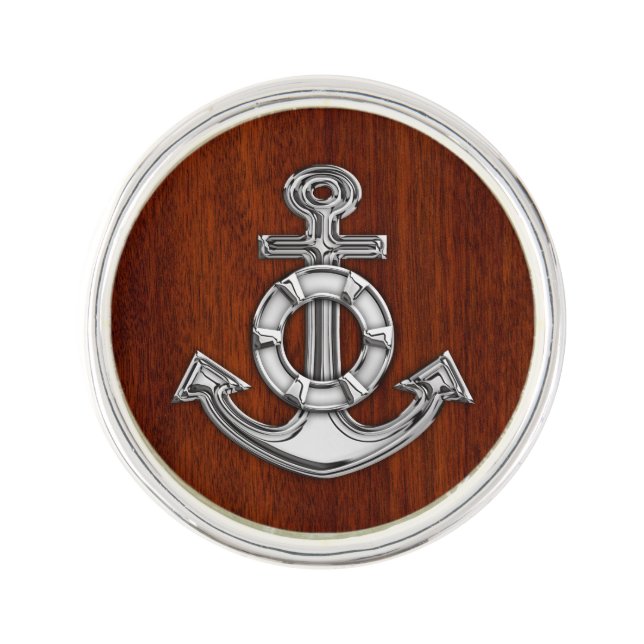 Chrome Anchor on Mahogany Print Lapel Pin (Front)