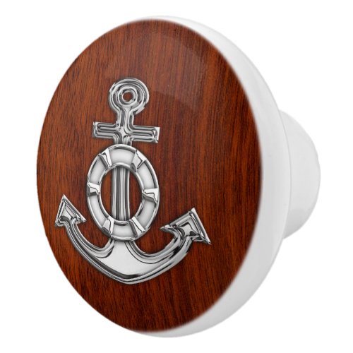 Chrome Anchor on Nautical Mahogany Grain Print Ceramic Knob