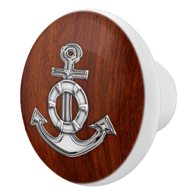 Chrome Anchor on Nautical Mahogany Grain Print Ceramic Knob (Right)