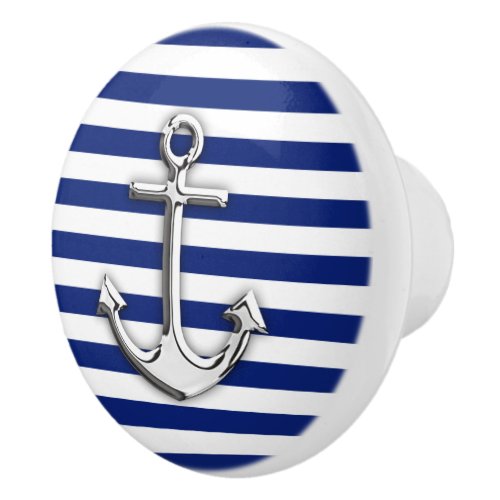 Chrome Anchor on Nautical Navy Blue Print Ceramic Knob