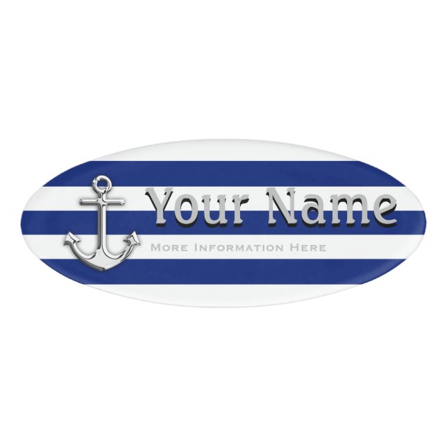 Chrome Anchor on Nautical Navy Blue Stripes plate (Front)