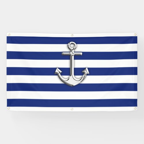 Chrome Anchor on Nautical Navy Blue Stripes Print Banner