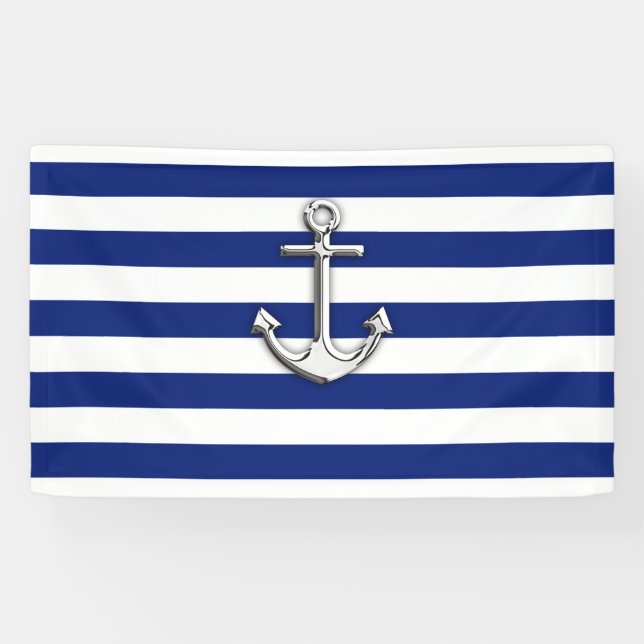 Chrome Anchor on Nautical Navy Blue Stripes Print Banner (Horizontal)