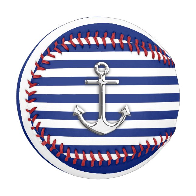 Chrome Anchor on Nautical Navy Blue Stripes Print Baseball (Front Left)