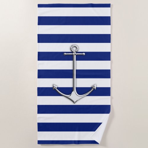 Chrome Anchor on Nautical Navy Blue Stripes Print Beach Towel