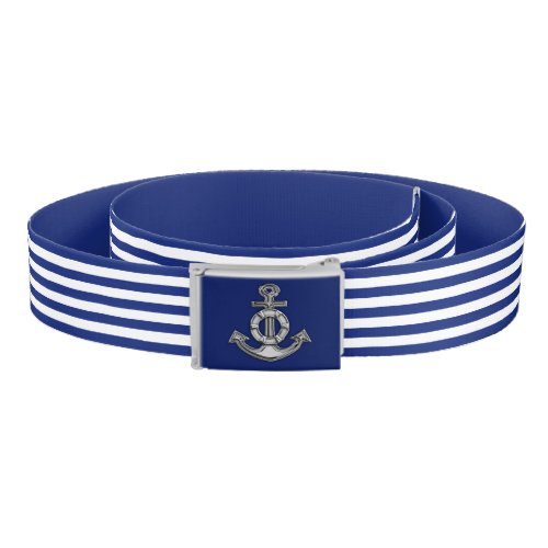 Chrome Anchor on Nautical Navy Blue Stripes Print Belt