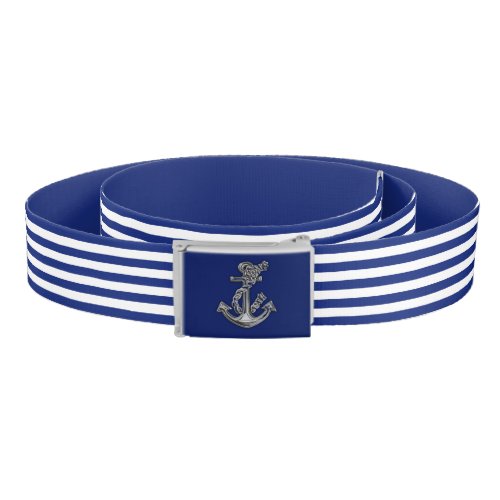 Chrome Anchor on Nautical Navy Blue Stripes Print Belt