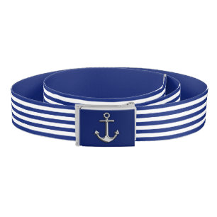 Chrome Anchor on Nautical Navy Blue Stripes Print Belt