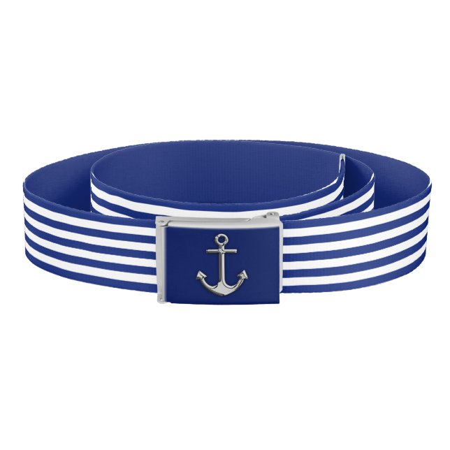 Chrome Anchor on Nautical Navy Blue Stripes Print Belt (Coil)