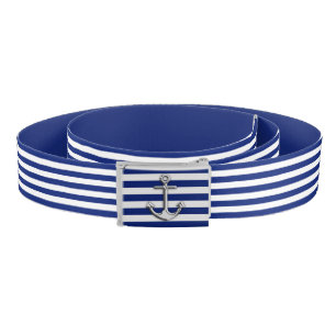 Chrome Anchor on Nautical Navy Blue Stripes Print Belt