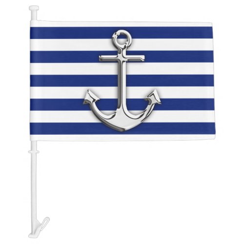 Chrome Anchor on Nautical Navy Blue Stripes Print Car Flag