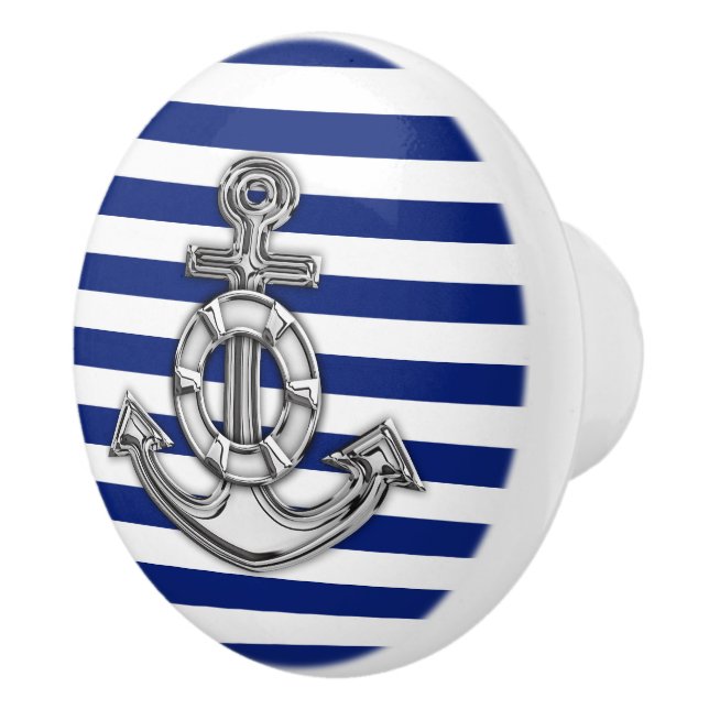 Chrome Anchor on Nautical Navy Blue Stripes Print Ceramic Knob (Right)