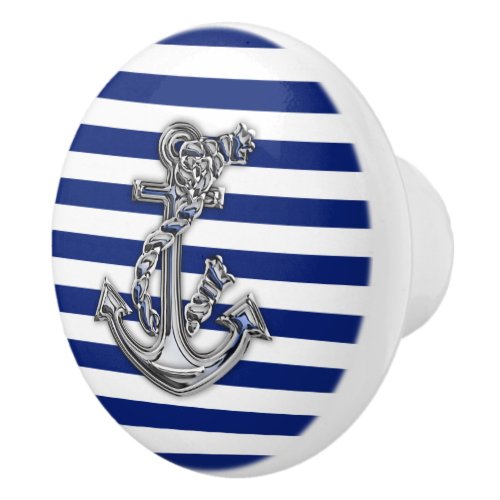 Chrome Anchor on Nautical Navy Blue Stripes Print Ceramic Knob