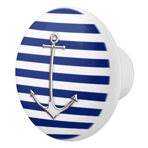 Chrome Anchor on Nautical Navy Blue Stripes Print Ceramic Knob