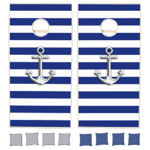 Chrome Anchor on Nautical Navy Blue Stripes Print Cornhole Set