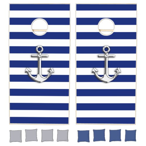 Chrome Anchor on Nautical Navy Blue Stripes Print Cornhole Set