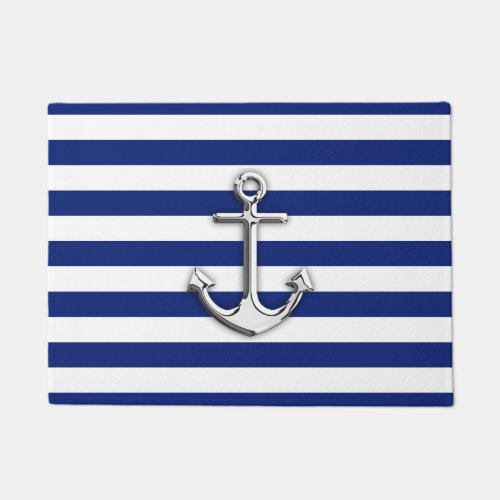 Chrome Anchor on Nautical Navy Blue Stripes Print Doormat