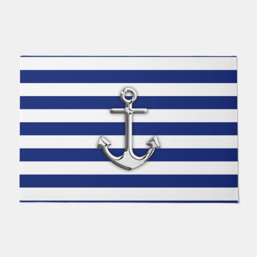 Chrome Anchor on Nautical Navy Blue Stripes Print Doormat