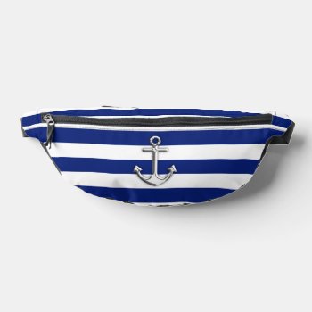 Chrome Anchor On Nautical Navy Blue Stripes Print Fanny Pack by CaptainShoppe at Zazzle