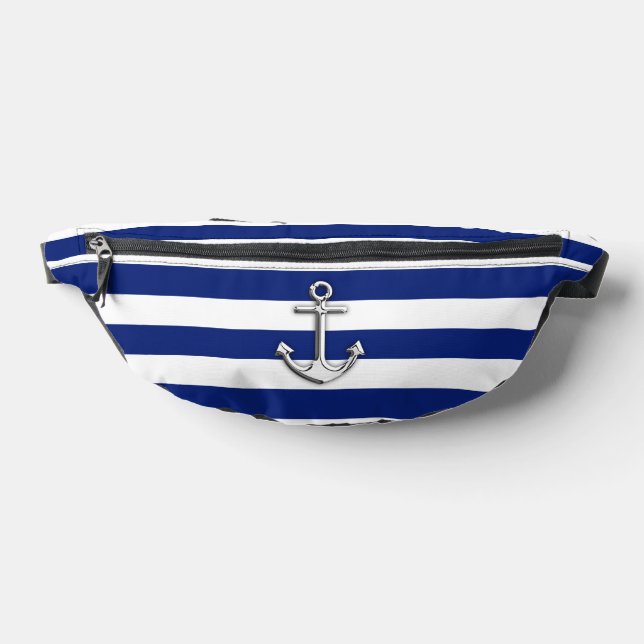 Chrome Anchor on Nautical Navy Blue Stripes Print Fanny Pack (Lay Down)