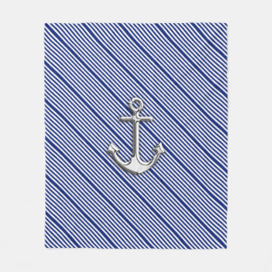 Chrome Anchor on Nautical Navy Blue Stripes Print Fleece Blanket