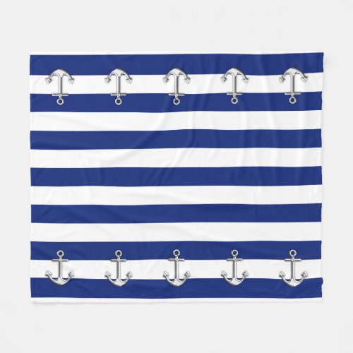 Chrome Anchor on Nautical Navy Blue Stripes Print Fleece Blanket