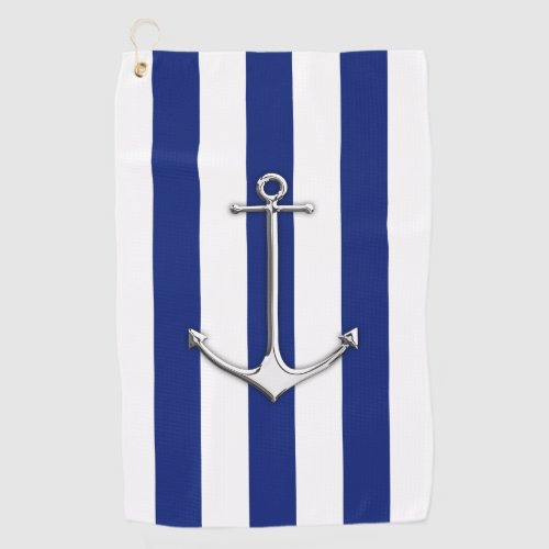 Chrome Anchor on Nautical Navy Blue Stripes Print  Golf Towel