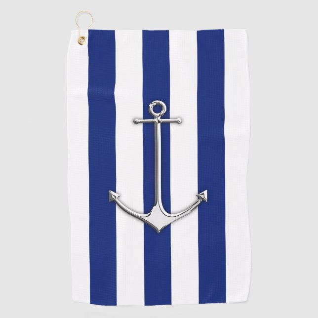 Chrome Anchor on Nautical Navy Blue Stripes Print  Golf Towel (Front)