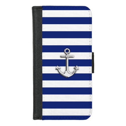 Chrome Anchor on Nautical Navy Blue Stripes Print iPhone 87 Wallet Case