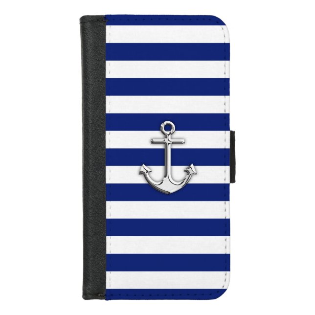 Chrome Anchor on Nautical Navy Blue Stripes Print iPhone Wallet Case (Front)
