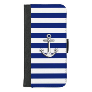 Chrome Anchor on Nautical Navy Blue Stripes Print iPhone 8/7 Plus Wallet Case