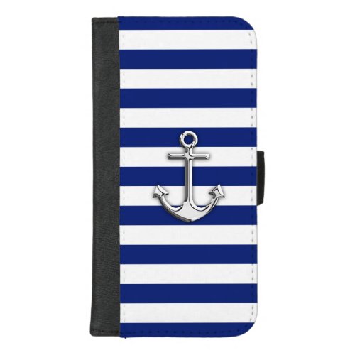 Chrome Anchor on Nautical Navy Blue Stripes Print iPhone 87 Plus Wallet Case