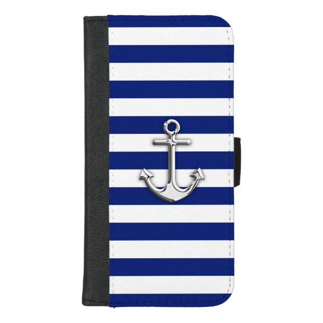 Chrome Anchor on Nautical Navy Blue Stripes Print iPhone Wallet Case (Front)