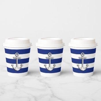 Chrome Anchor On Nautical Navy Blue Stripes Print Paper Cups by CaptainShoppe at Zazzle