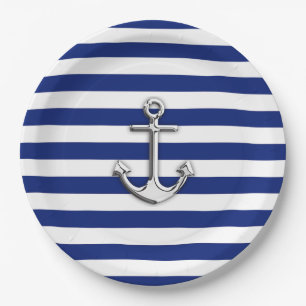 Chrome Anchor on Nautical Navy Blue Stripes Print Paper Plates