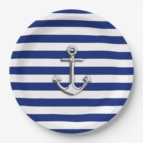 Chrome Anchor on Nautical Navy Blue Stripes Print Paper Plates