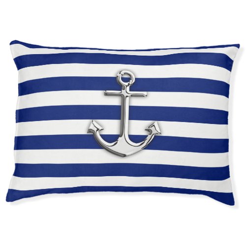 Chrome Anchor on Nautical Navy Blue Stripes Print Pet Bed