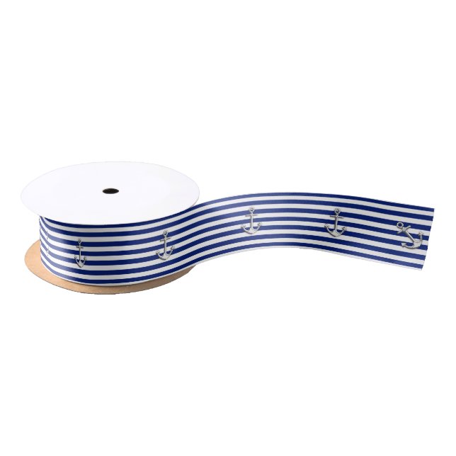 Chrome Anchor on Nautical Navy Blue Stripes Print Satin Ribbon (Spool)