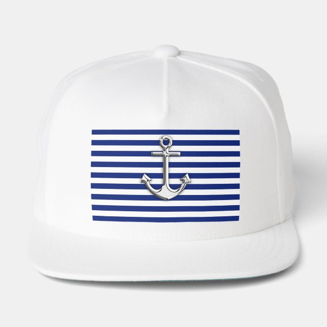 Chrome Anchor on Nautical Navy Blue Stripes Print Snap Back Hat (Front)