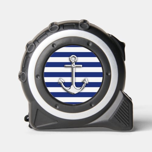 Chrome Anchor on Nautical Navy Blue Stripes Print Tape Measure