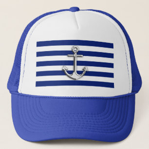 Chrome Anchor on Nautical Navy Blue Stripes Print Trucker Hat