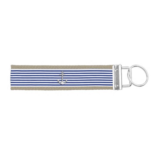 Chrome Anchor on Nautical Navy Blue Stripes Print Wrist Keychain