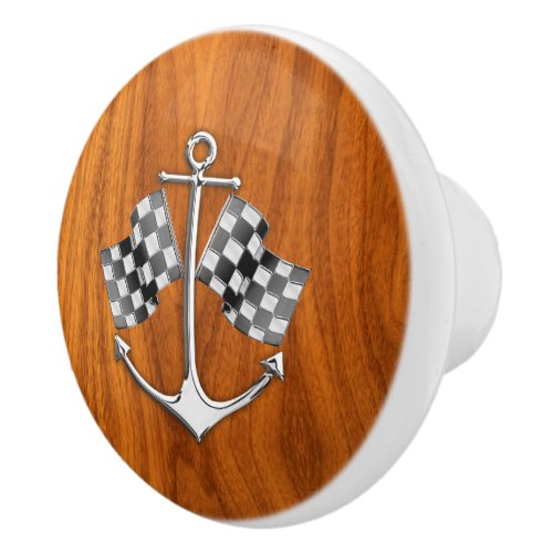 Chrome Anchor on Nautical Teak Wood Grain Print Ceramic Knob