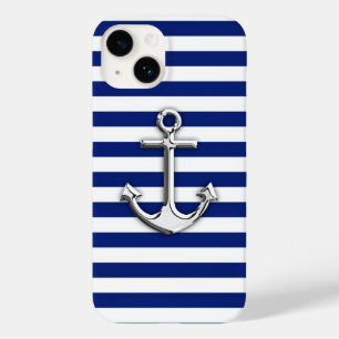 Chrome Anchor on Navy Blue Stripes Decor Case-Mate iPhone 14 Case