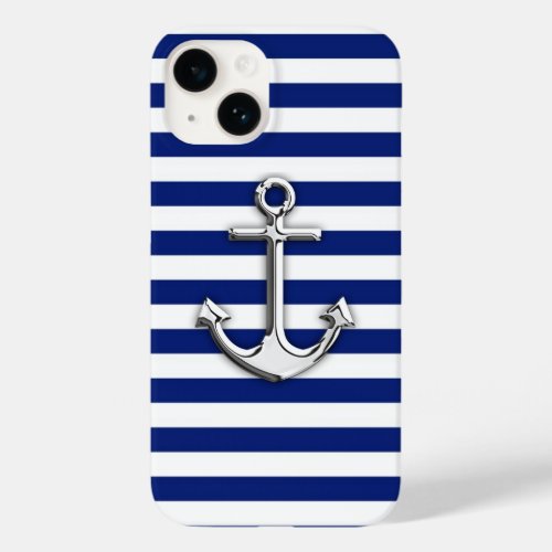Chrome Anchor on Navy Blue Stripes Decor Case_Mate iPhone 14 Case