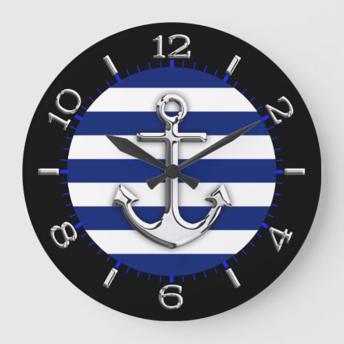 Chrome Anchor on Navy Blue Stripes Dial Large Clock