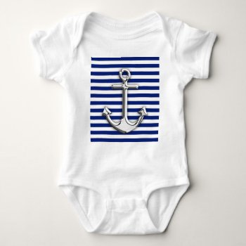 Chrome Anchor On Navy Stripes Baby Bodysuit by CaptainShoppe at Zazzle