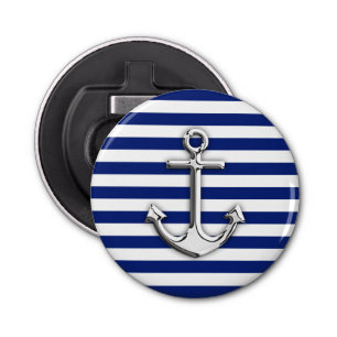 Chrome Anchor on Navy Stripes Bottle Opener