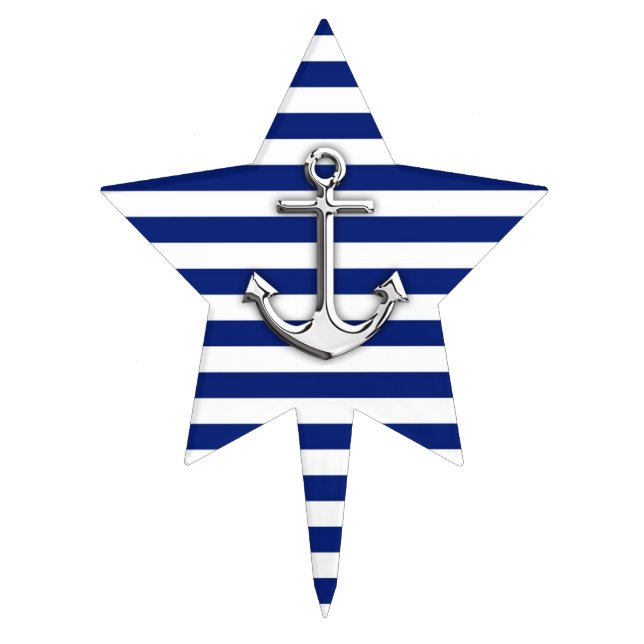 Chrome Anchor on Navy Stripes Cake Topper (Front)