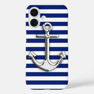 Chrome Anchor on Navy Stripes iPhone 16 Case